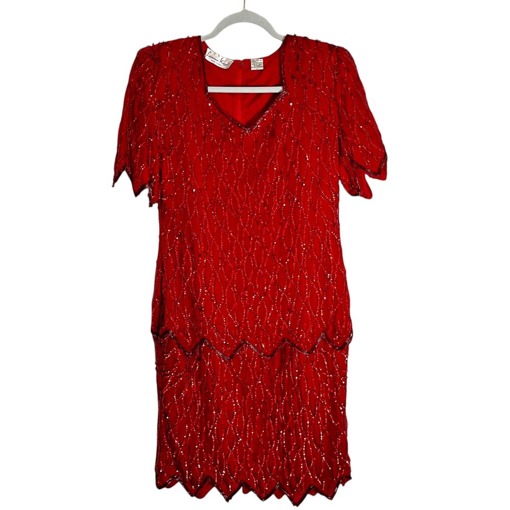 Vintage Laurence Kazar Dress Womens Medium Red Silk Beaded Sequin Shift Party